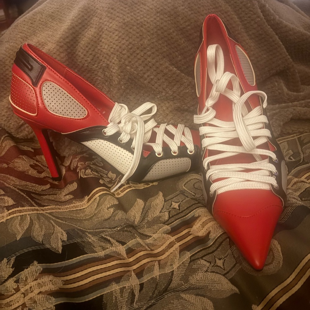 Red Lace-Up Pointed Toe Women's Heels